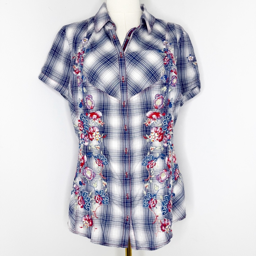 Johnny Was Black White Plaid Button-Down Shirt with Red & Blue Floral Embroidery